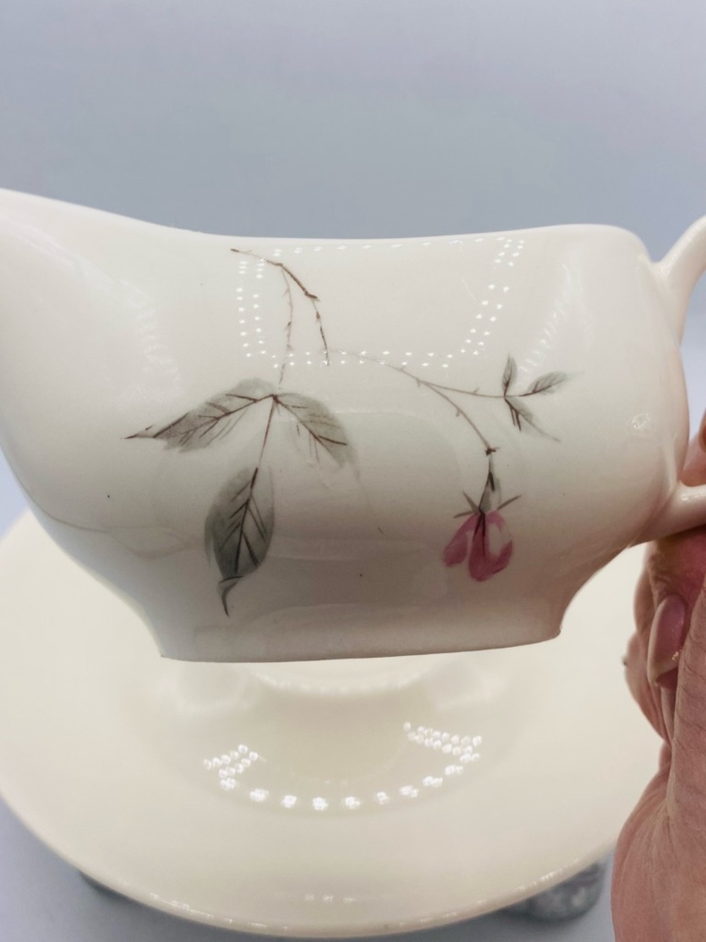 Vintage Cream Pink Rose  Floral Design Porcelain Gravy Boat with Saucer MCM - Picture 6 of 11
